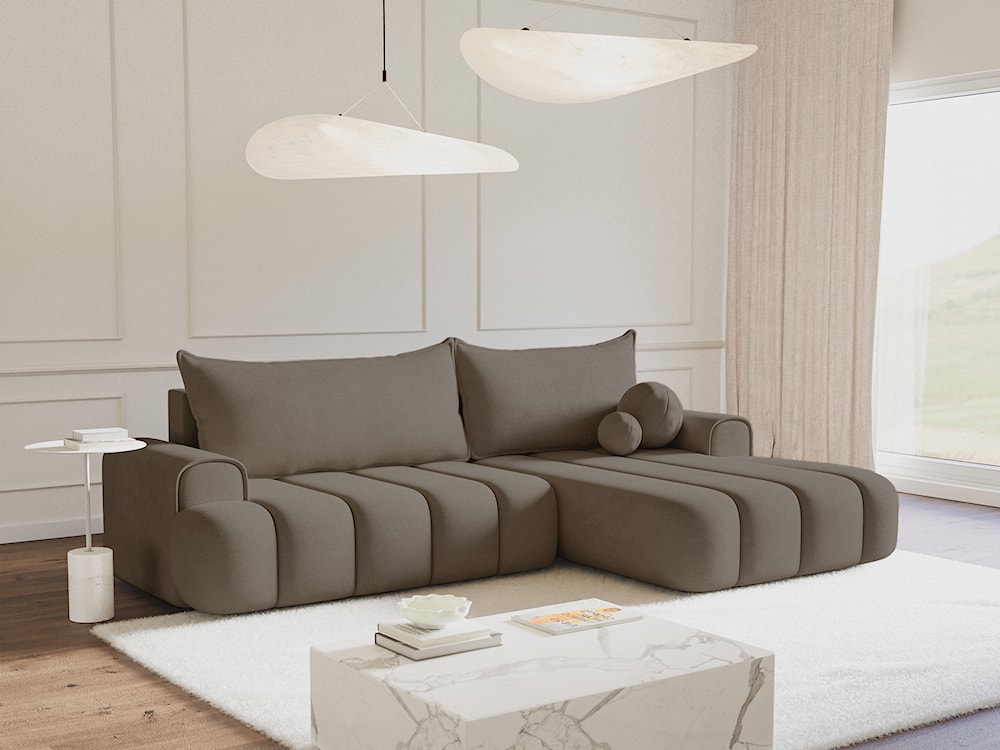 Narożnik z funkcją spania Dandelino L-kształtny prawostronny z pojemnikiem ciemnobeżowy welur  - zdjęcie 3