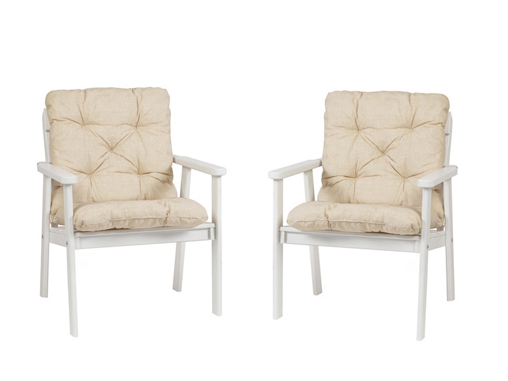 Zestaw dwóch krzeseł ogrodowych Mccarns białe z beżowymi poduszkami