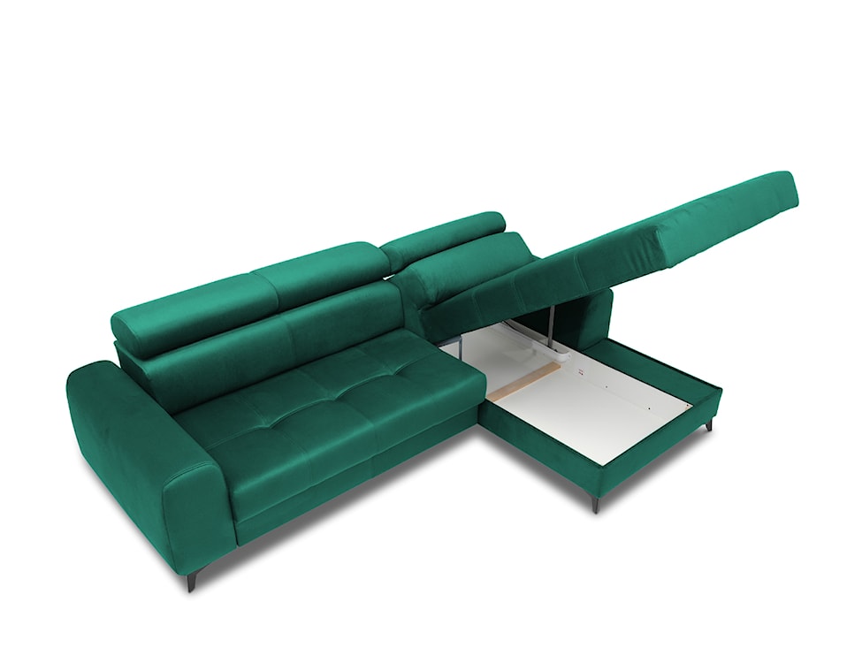 Narożnik z funkcją spania Palmela L-kształtny z elektrycznie wysuwanym siedziskiem i pojemnikiem zielony welur hydrofobowy prawostronny  - zdjęcie 5