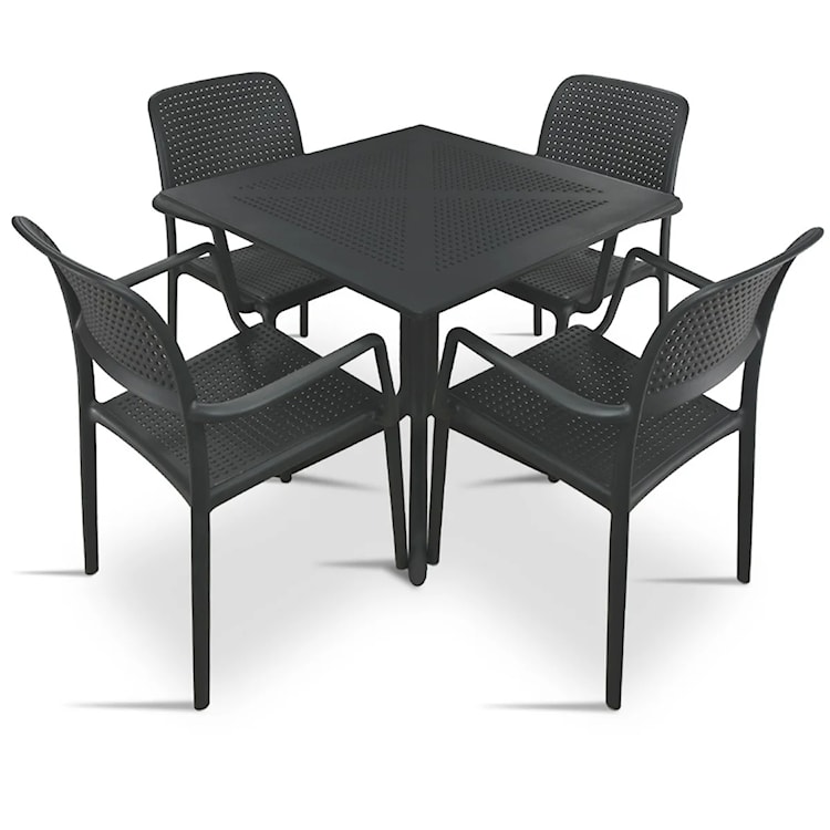 Zestaw ogrodowy stół kwadratowy Clip 80 cm i 4 krzesła z podłokietnikami Bora Nardi z certyfikowanego tworzywa antracytowy