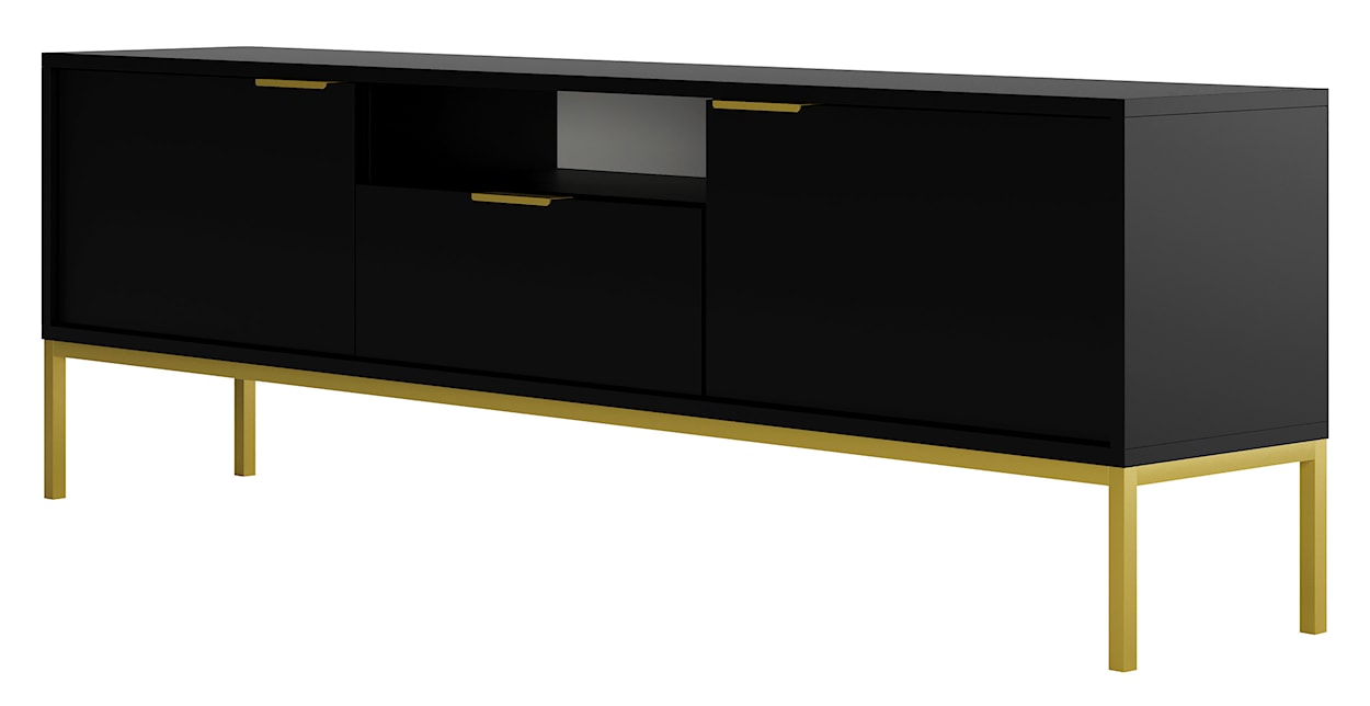 Szafka RTV dwudrzwiowa Diargo 175 cm z szufladą i wnęką czarna na złotym stelażu