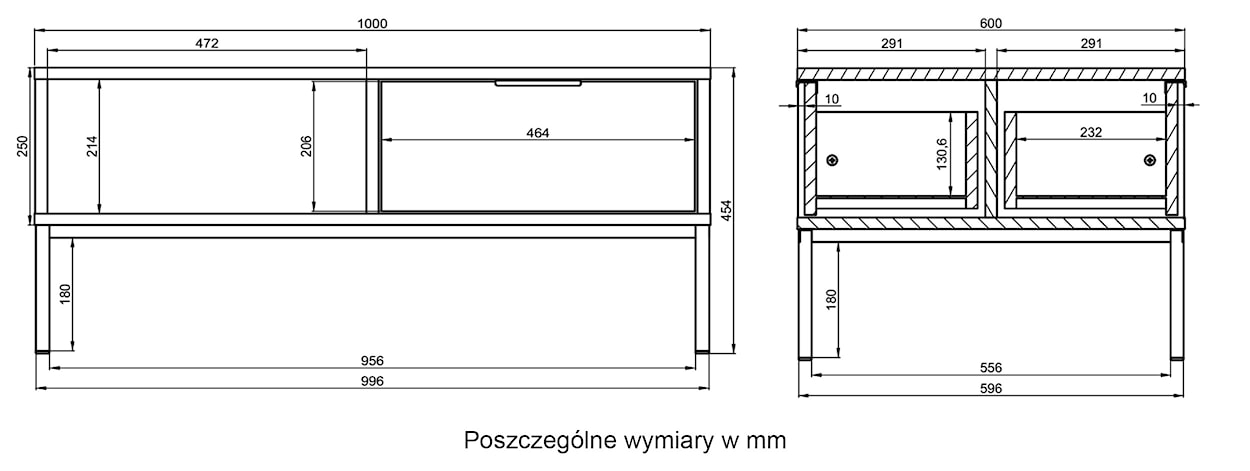 Stolik kawowy Diargo 100 cm z dwiema szufladami i wnęką biały na czarnym stelażu  - zdjęcie 7