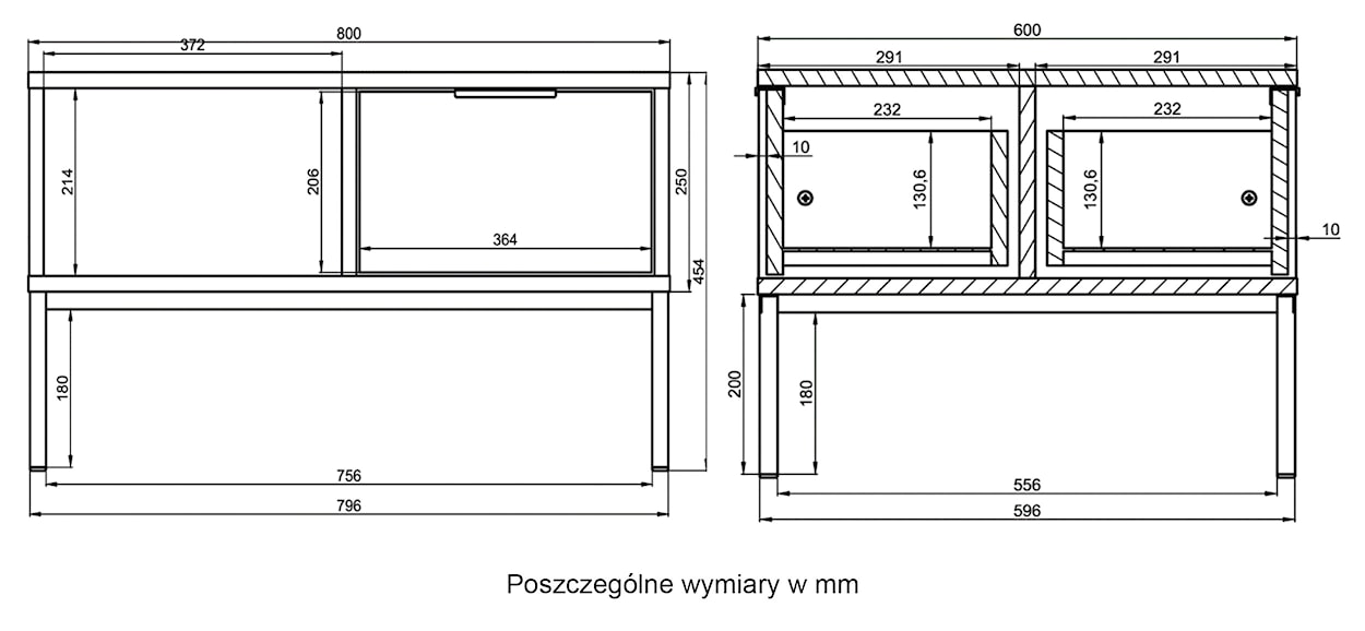 Stolik kawowy Diargo 80 cm z dwiema szufladami i wnęką biały na czarnym stelażu  - zdjęcie 7