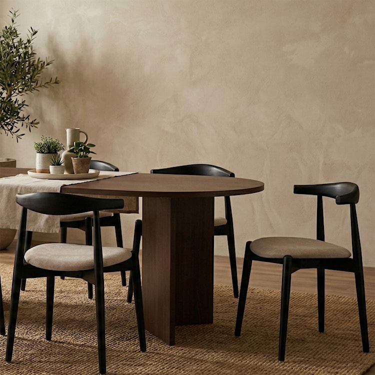 Krzesło drewniane do jadalni Dinesse w tkaninie łatwoczyszczącej beżowy szenil/czarny  - zdjęcie 2