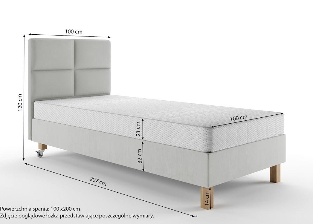 Łóżko tapicerowane 100x200 cm  Donbay z wezglowiem panelowym i materacem kieszeniowym jasnoszare welur hydrofobowy  - zdjęcie 4