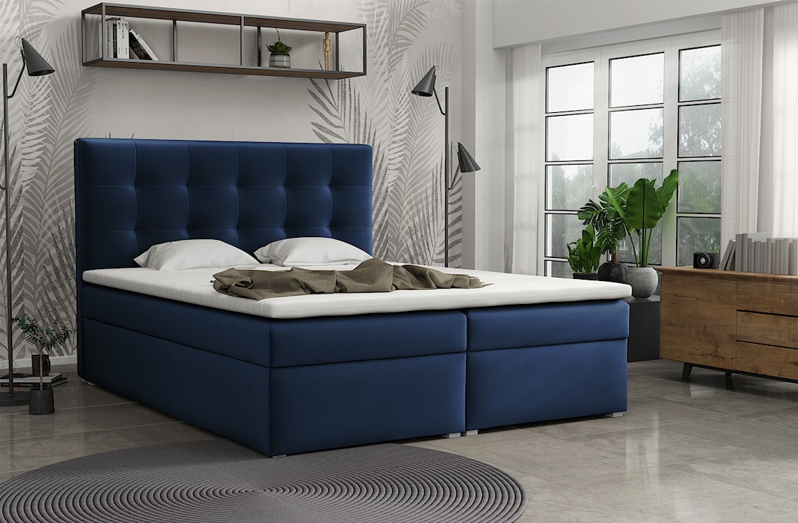 Łóżko kontynentalne 160x200 cm Nabbe z pojemnikami i topperem ciemnoniebieskie welur  - zdjęcie 2