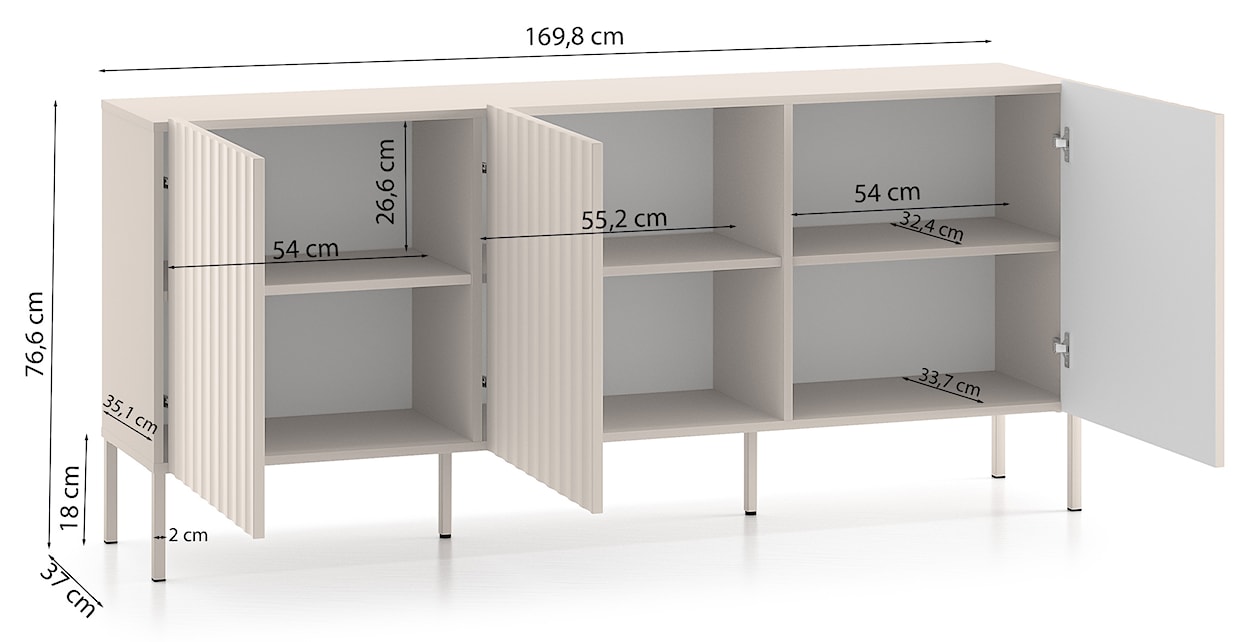 Komoda trzydrzwiowa Derriva z ryflowanymi frontami 170 cm kaszmir  - zdjęcie 8