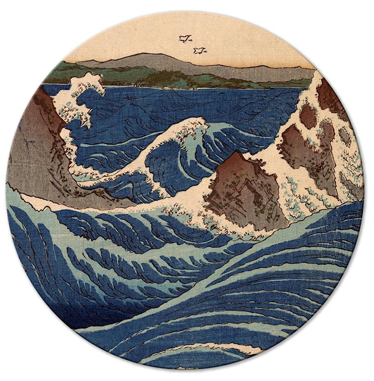 Obraz okrągły Drzeworyt japoński Utagawa Hiroshige wielka niebieska fala średnica 40 cm 