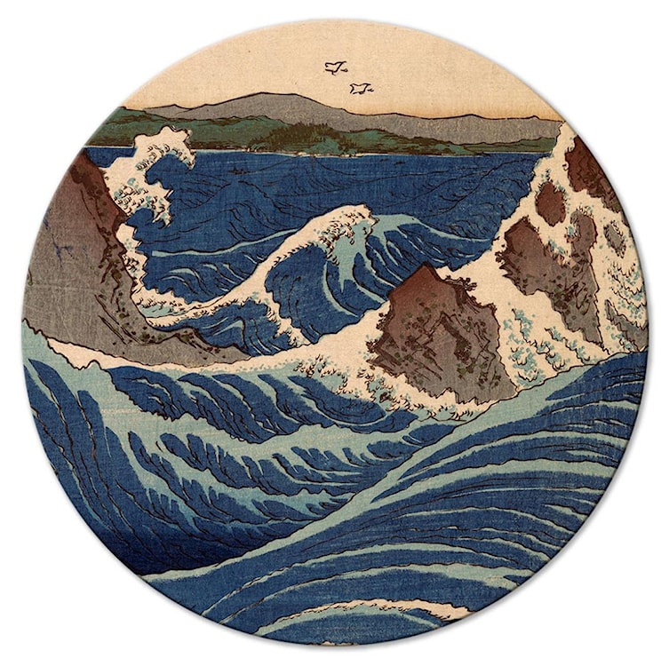 Obraz okrągły Drzeworyt japoński Utagawa Hiroshige wielka niebieska fala średnica 60 cm 