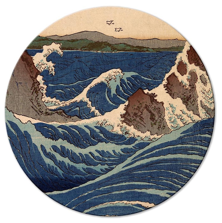 Obraz okrągły Drzeworyt japoński Utagawa Hiroshige wielka niebieska fala średnica 80 cm 