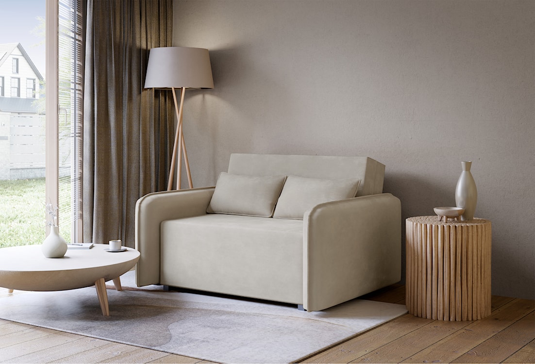 Kanapa rozkładana dwuosobowa Duelia z pojemnikiem beżowa szenil hydrofobowy  - zdjęcie 3