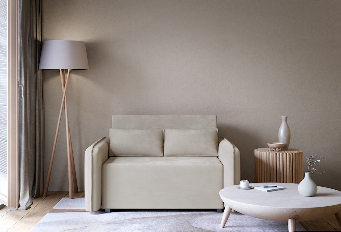 Kanapa rozkładana dwuosobowa Duelia z pojemnikiem beżowa szenil hydrofobowy  - zdjęcie 2