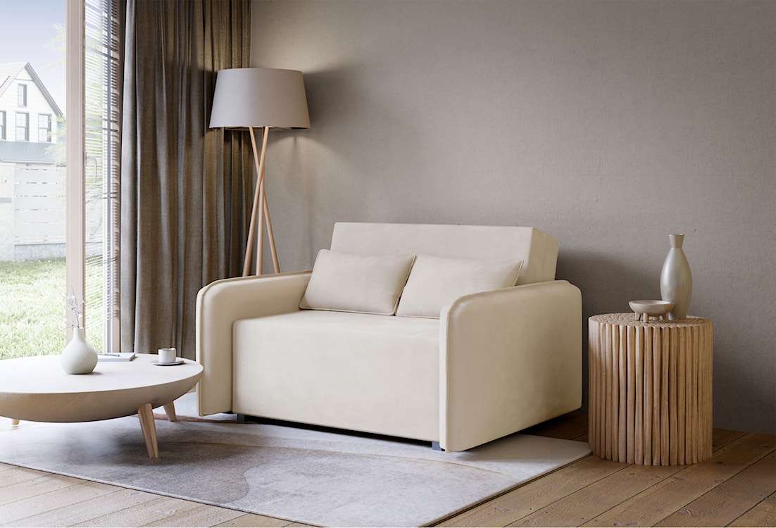 Kanapa rozkładana dwuosobowa Duelia z pojemnikiem jasnobeżowa szenil hydrofobowy  - zdjęcie 2