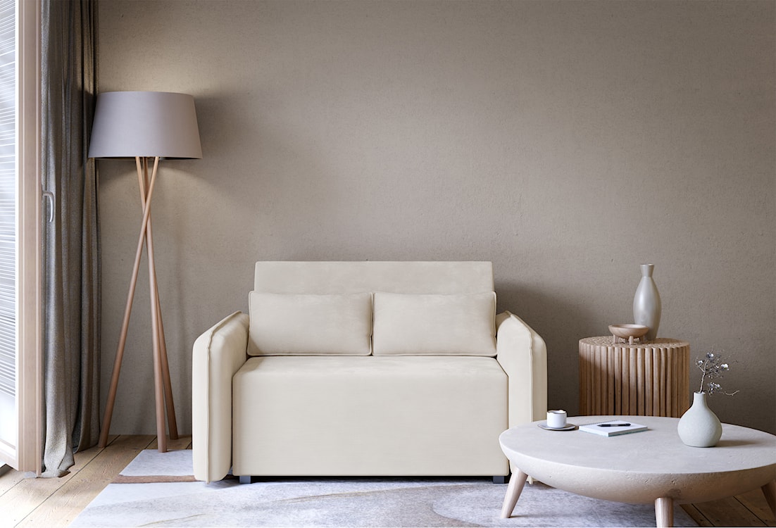 Kanapa rozkładana dwuosobowa Duelia z pojemnikiem jasnobeżowa szenil hydrofobowy  - zdjęcie 3