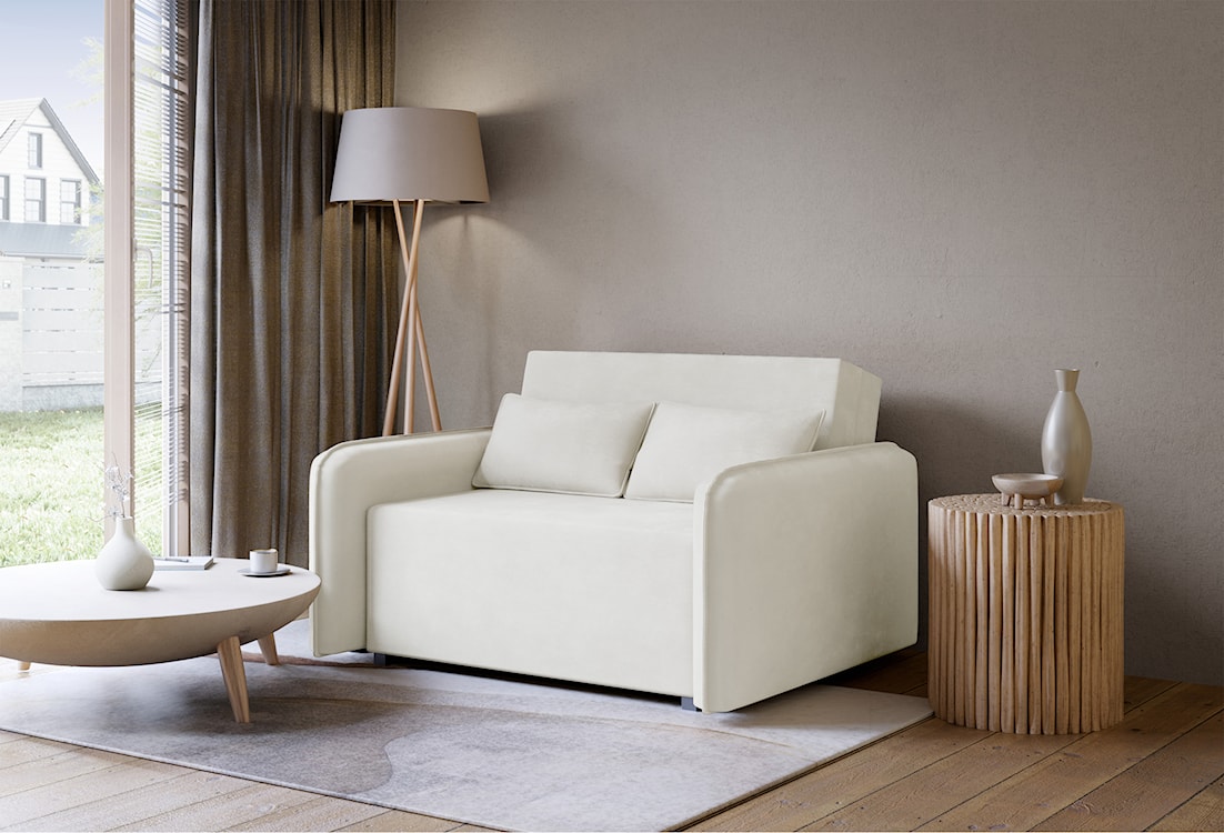 Kanapa rozkładana dwuosobowa Duelia z pojemnikiem kremowa szenil hydrofobowy  - zdjęcie 2