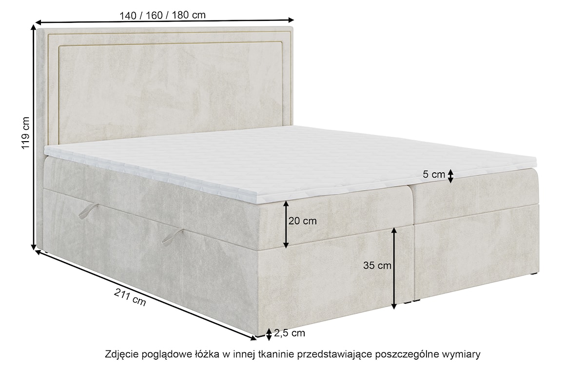 Łóżko kontynentalne 160x200 cm Kartus z pojemnikami i topperem beżowe welur hydrofobowy  - zdjęcie 4