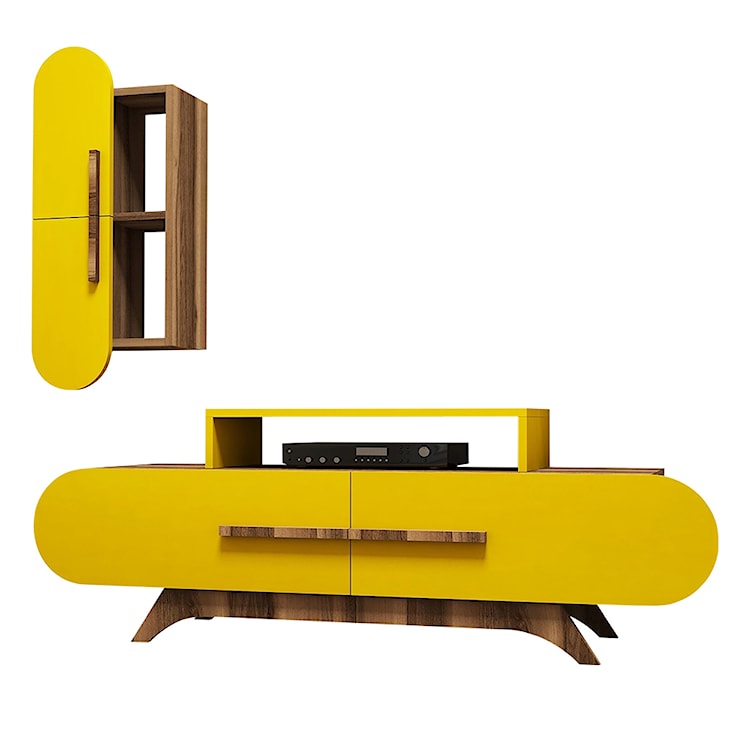 Szafka RTV Ovalia 145 cm z żółtym frontem i wiszącą szafką  - zdjęcie 9