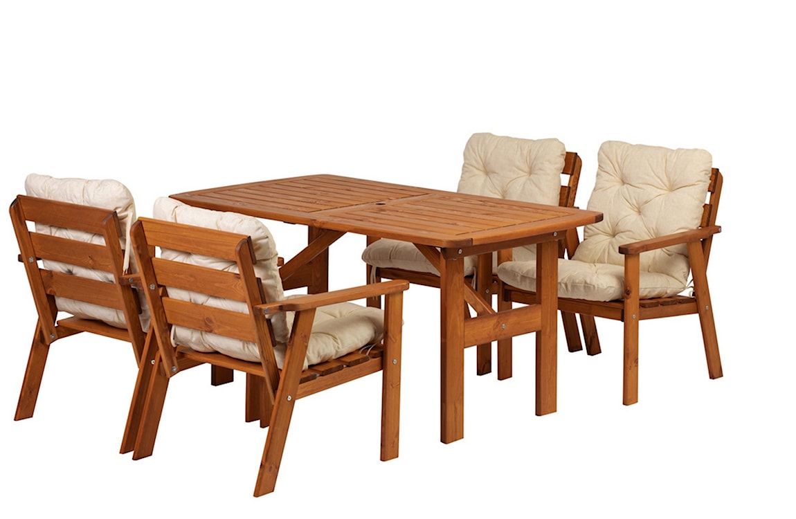 Zestaw mebli ogrodowych Avoints drewno sosnowe stół z 4 krzesłami miodowy z beżowymi poduszkami