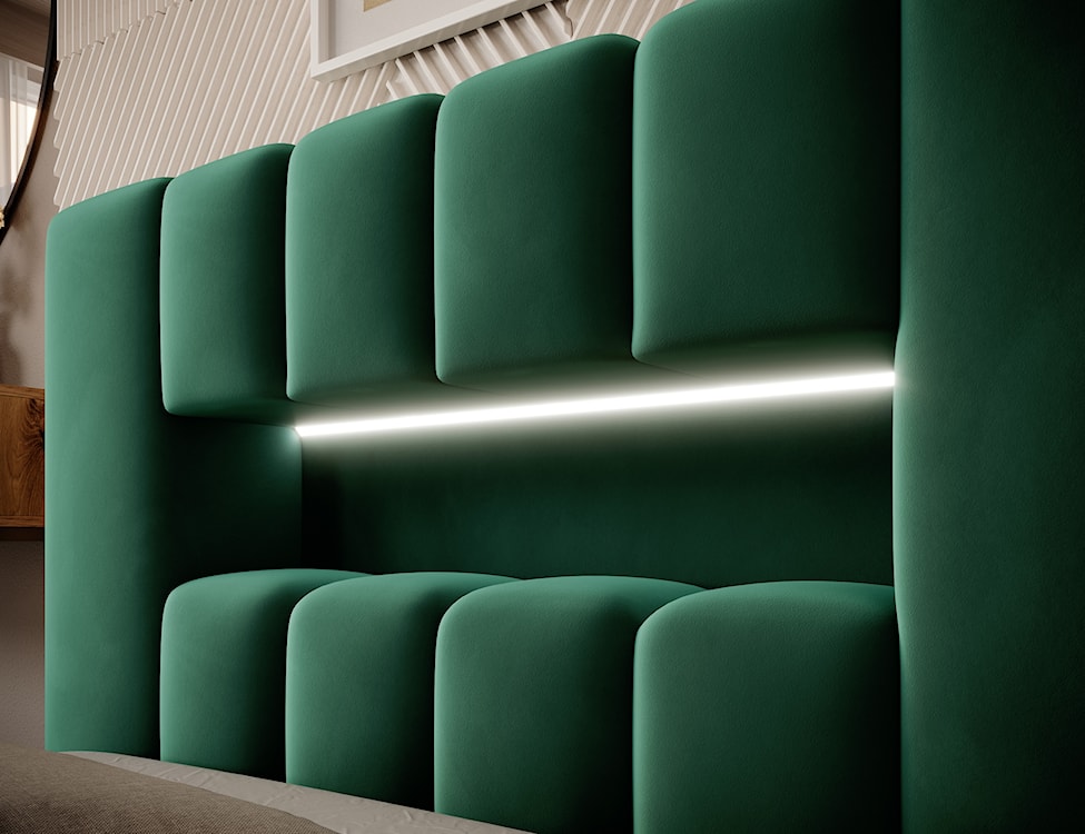 Łóżko tapicerowane 90x200 cm Rodeiro z pojemnikiem i oświetleniem zielone w tkaninie hydrofobowej  - zdjęcie 6