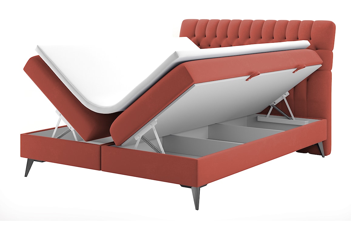 Łóżko kontynentalne 140x200 cm Rubeuz z pojemnikami i topperem koralowe welur hydrofobowy 