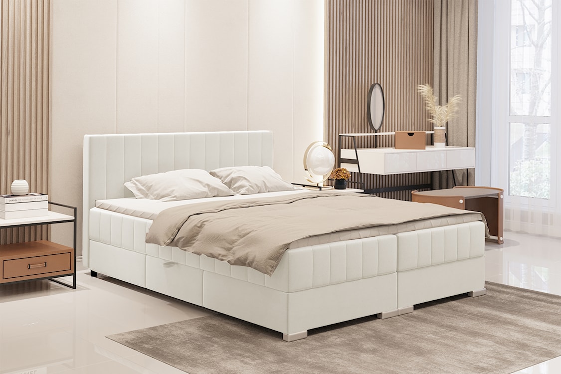 Łóżko kontynentalne 140x200 cm Libbiano z pojemnikami i topperem jasnobeżowe  - zdjęcie 2