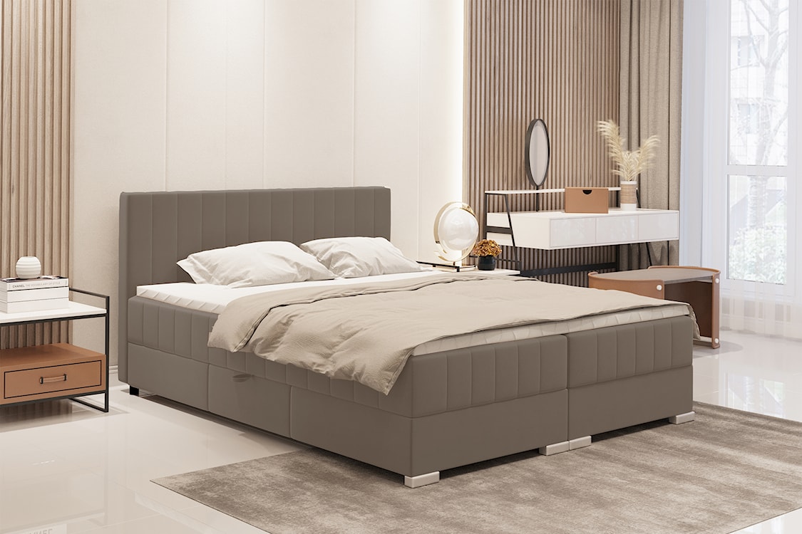 Łóżko kontynentalne 180x200 cm Libbiano z pojemnikami i topperem szarobeżowe  - zdjęcie 2