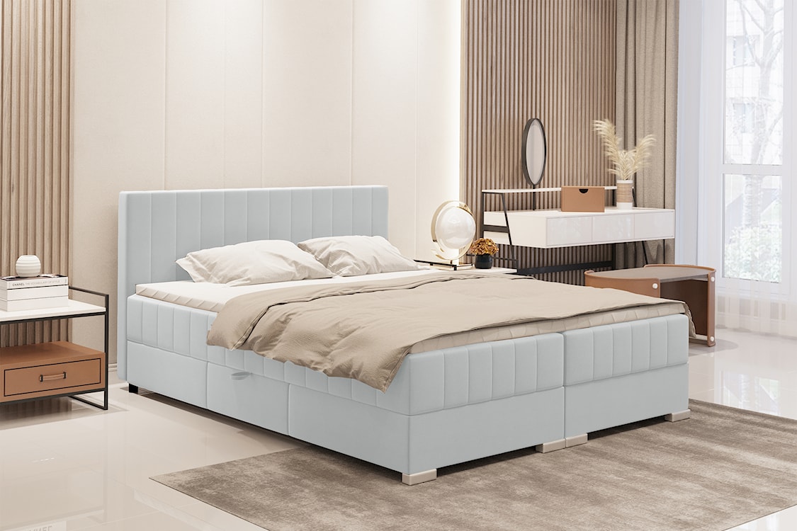Łóżko kontynentalne 180x200 cm Libbiano z pojemnikami i topperem jasnoszare  - zdjęcie 2