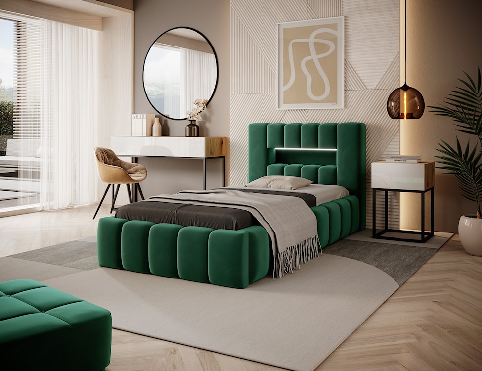 Łóżko tapicerowane 90x200 cm Rodeiro z pojemnikiem i oświetleniem zielone w tkaninie hydrofobowej  - zdjęcie 2