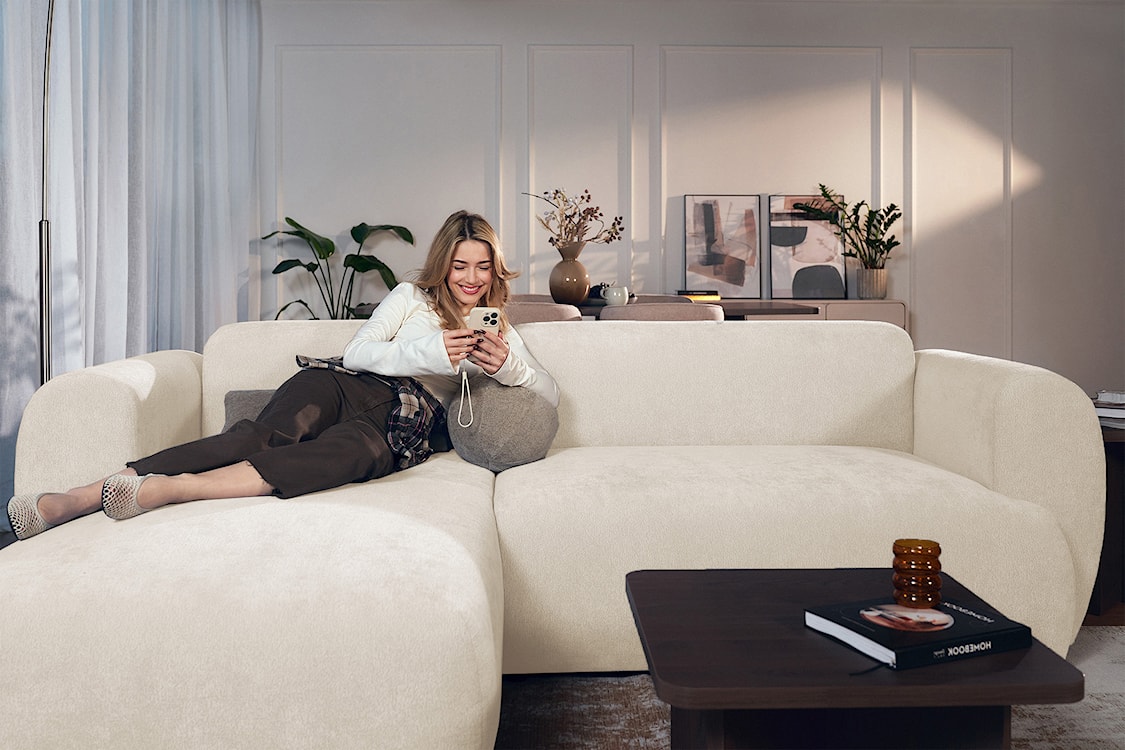 Narożnik z funkcją spania Emia L-kształtny lewostronny jasnobeżowy szenil  - zdjęcie 5