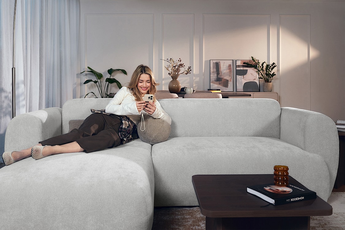 Narożnik z funkcją spania Emia L-kształtny lewostronny jasnoszary szenil  - zdjęcie 5