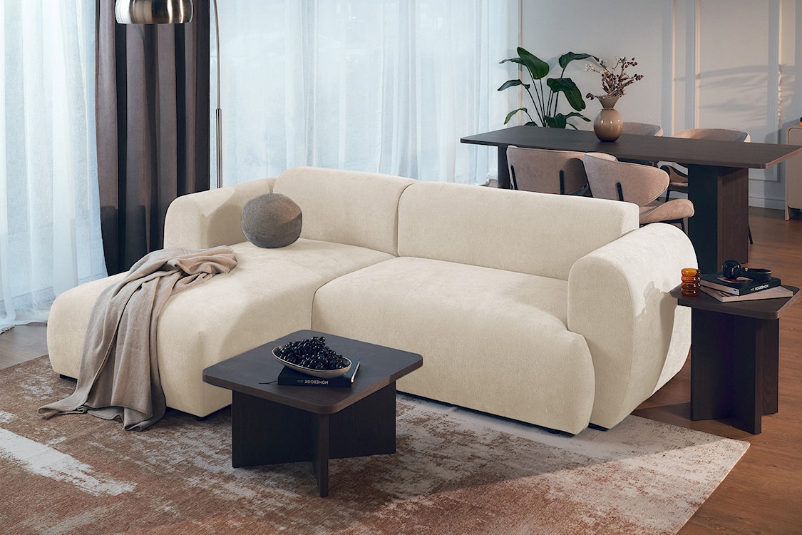 Narożnik z funkcją spania Emia L-kształtny lewostronny jasnobeżowy szenil  - zdjęcie 3