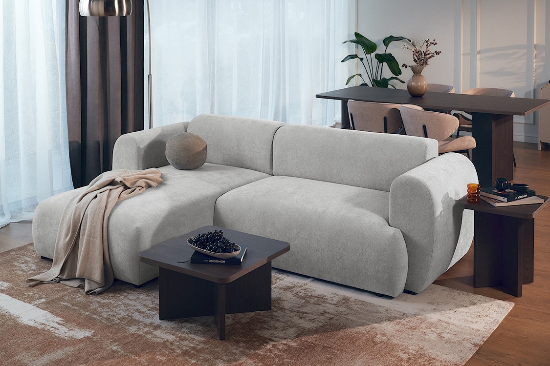 Narożnik z funkcją spania Emia L-kształtny lewostronny jasnoszary szenil  - zdjęcie 3