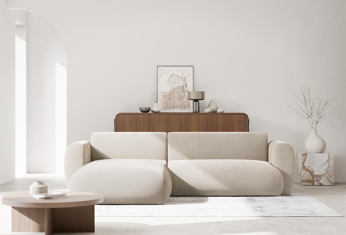 Narożnik z funkcją spania Emia L-kształtny lewostronny beżowy szenil  - zdjęcie 3