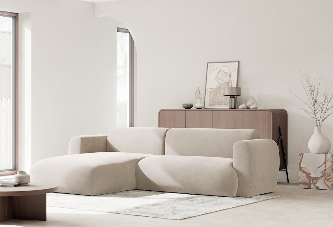 Narożnik z funkcją spania Emia L-kształtny lewostronny beżowy szenil  - zdjęcie 2