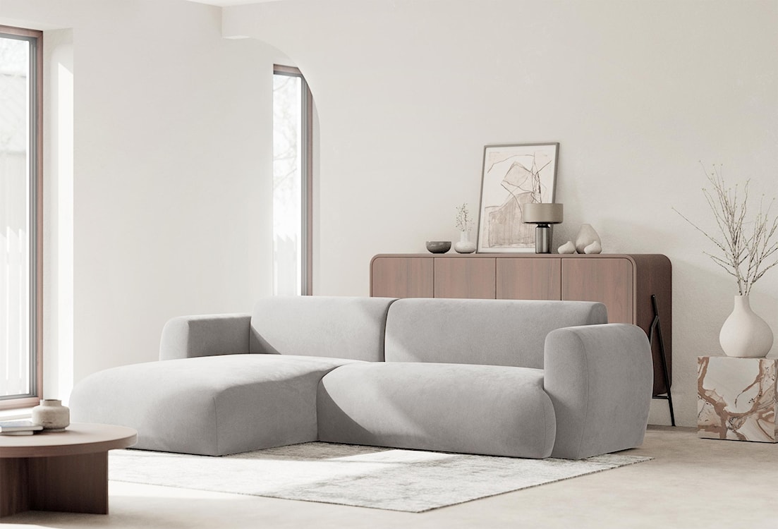 Narożnik z funkcją spania Emia L-kształtny lewostronny jasnoszary szenil  - zdjęcie 2