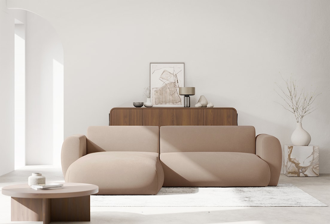 Narożnik z funkcją spania Emia L-kształtny lewostronny beżowy szenil łatwoczyszczący  - zdjęcie 2