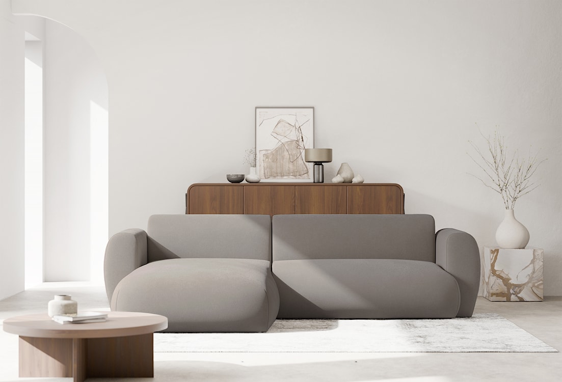 Narożnik z funkcją spania Emia L-kształtny lewostronny szarobeżowy szenil łatwoczyszczący  - zdjęcie 2