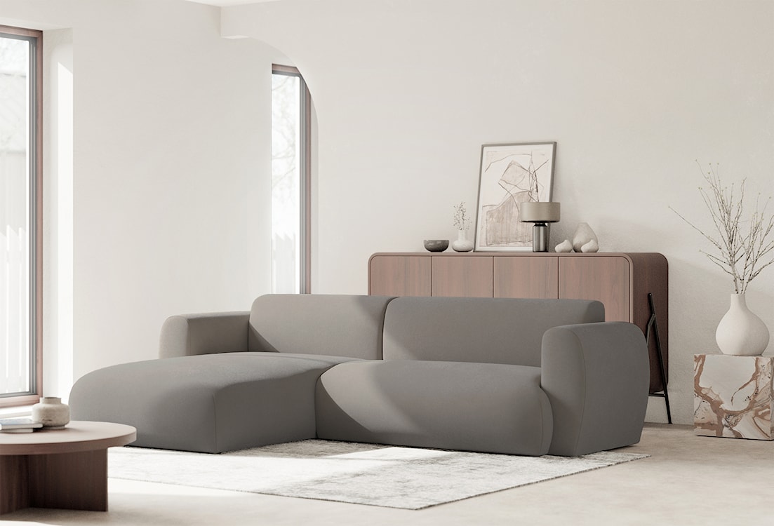 Narożnik z funkcją spania Emia L-kształtny lewostronny szarobeżowy szenil łatwoczyszczący  - zdjęcie 4