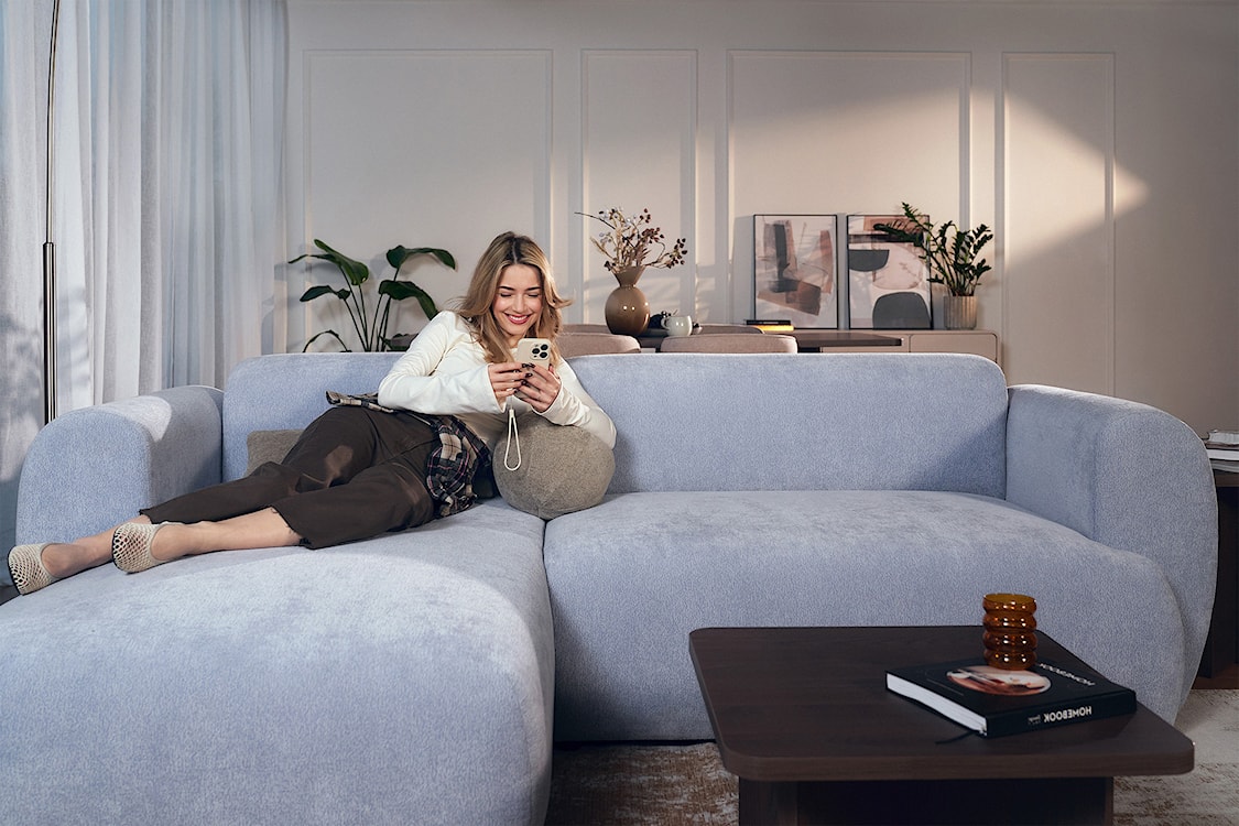 Narożnik z funkcją spania Emia L-kształtny lewostronny błękitny szenil  - zdjęcie 10