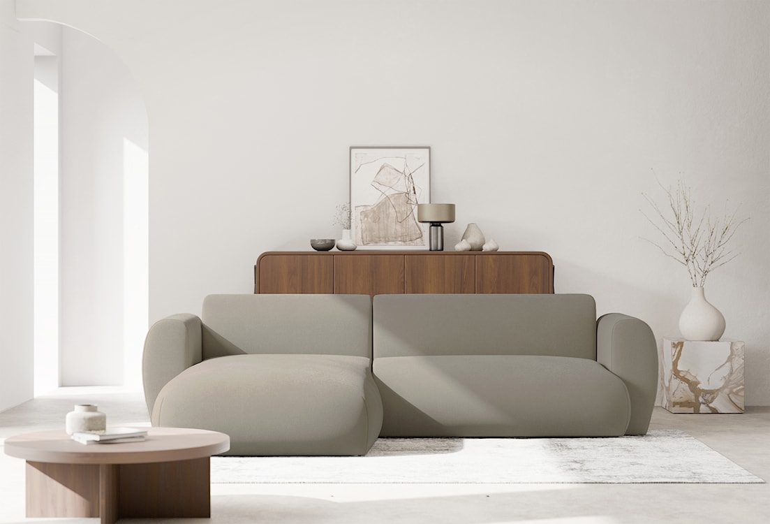 Narożnik z funkcją spania Emia L-kształtny lewostronny szarobeżowy szenil łatwoczyszczący  - zdjęcie 2