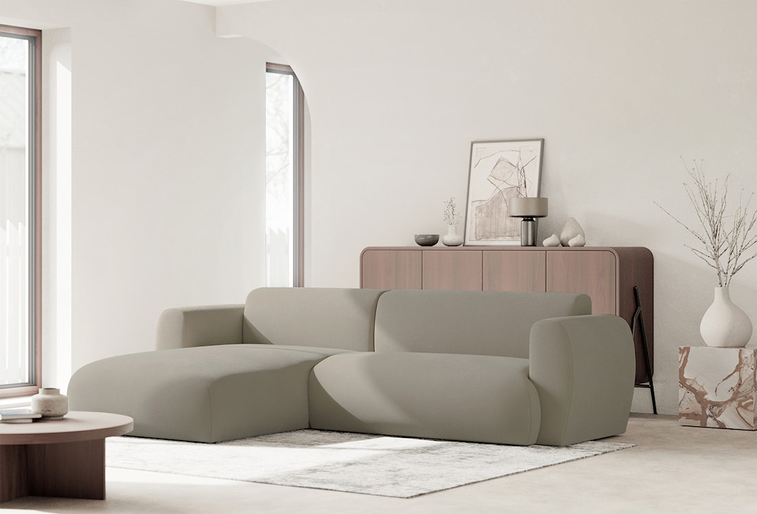 Narożnik z funkcją spania Emia L-kształtny lewostronny szarobeżowy szenil łatwoczyszczący  - zdjęcie 4