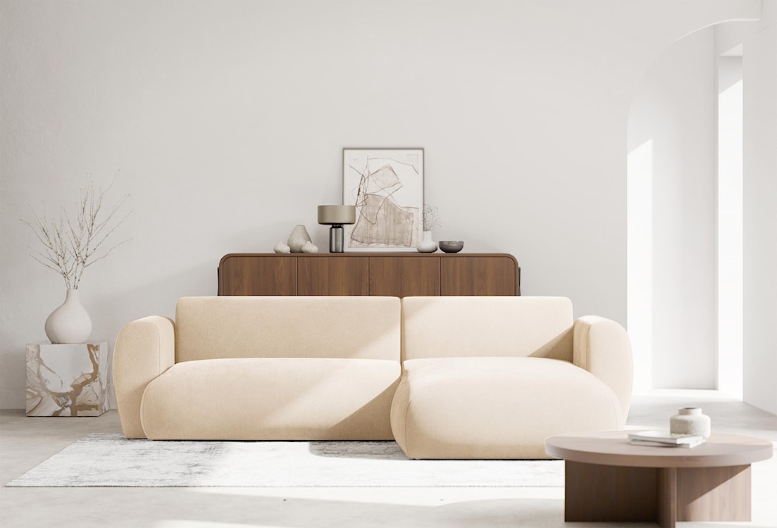 Narożnik z funkcją spania Emia L-kształtny prawostronny jasnobeżowy szenil  - zdjęcie 3