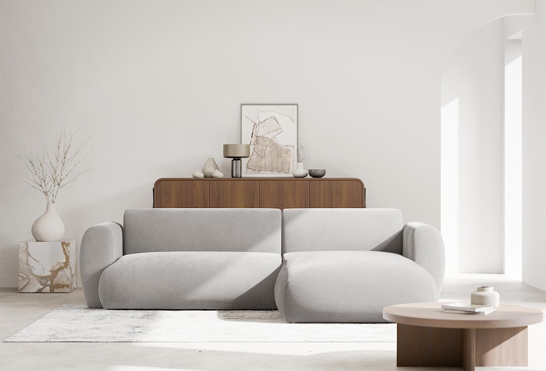 Narożnik z funkcją spania Emia L-kształtny prawostronny jasnoszary szenil  - zdjęcie 3