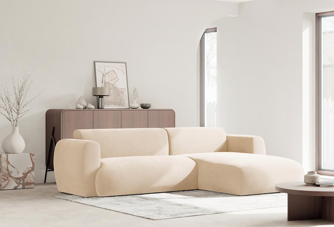 Narożnik z funkcją spania Emia L-kształtny prawostronny jasnobeżowy szenil  - zdjęcie 2