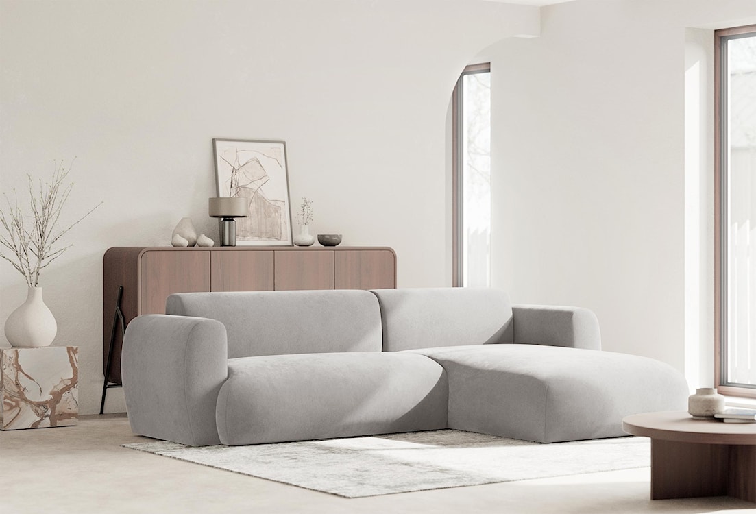 Narożnik z funkcją spania Emia L-kształtny prawostronny jasnoszary szenil  - zdjęcie 2