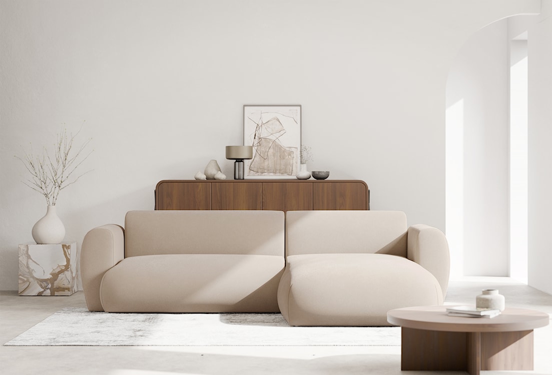 Narożnik z funkcją spania Emia L-kształtny prawostronny kremowy szenil łatwoczyszczący  - zdjęcie 2