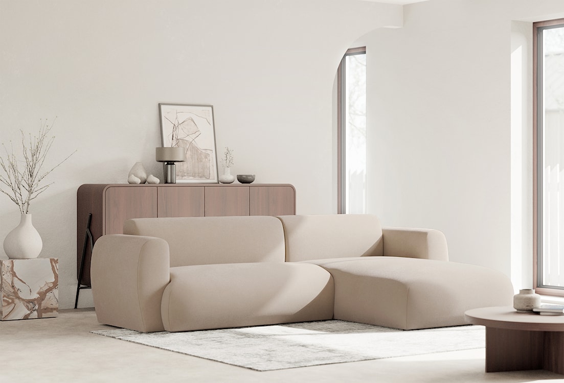 Narożnik z funkcją spania Emia L-kształtny prawostronny kremowy szenil łatwoczyszczący  - zdjęcie 4