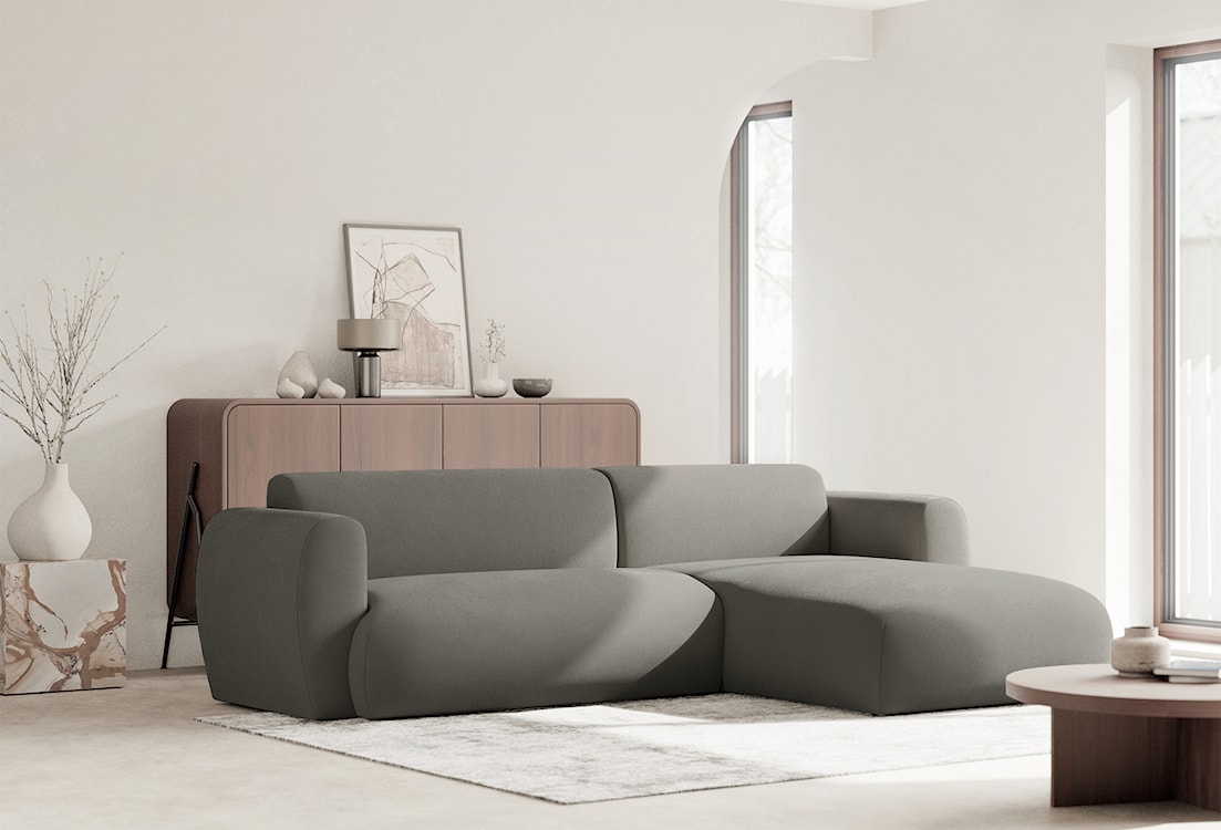 Narożnik z funkcją spania Emia L-kształtny prawostronny jasnoszary szenil łatwoczyszczący  - zdjęcie 4