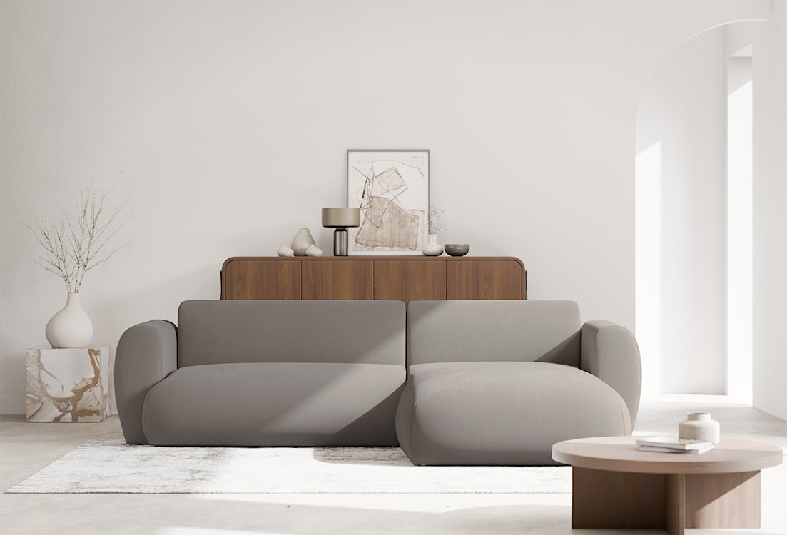 Narożnik z funkcją spania Emia L-kształtny prawostronny szarobeżowy szenil łatwoczyszczący  - zdjęcie 2