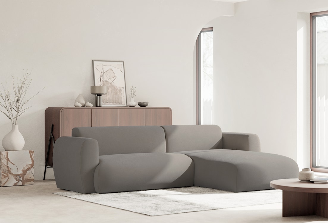 Narożnik z funkcją spania Emia L-kształtny prawostronny szarobeżowy szenil łatwoczyszczący  - zdjęcie 4